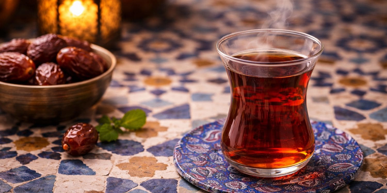 Glas Tee und frische Datteln auf einem Tisch als traditionelle Speisen zum Iftar im Ramadan
