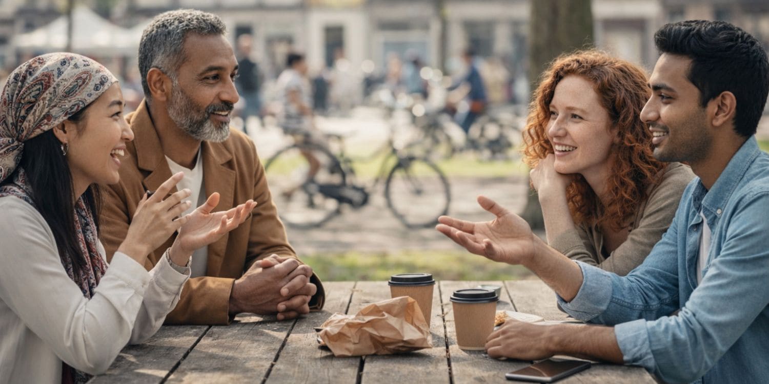 Eine Gruppe von Menschen unterschiedlicher Herkunft sitzt gemeinsam im Park, trinkt Kaffee to go und führt einen offenen, freudigen Austausch.