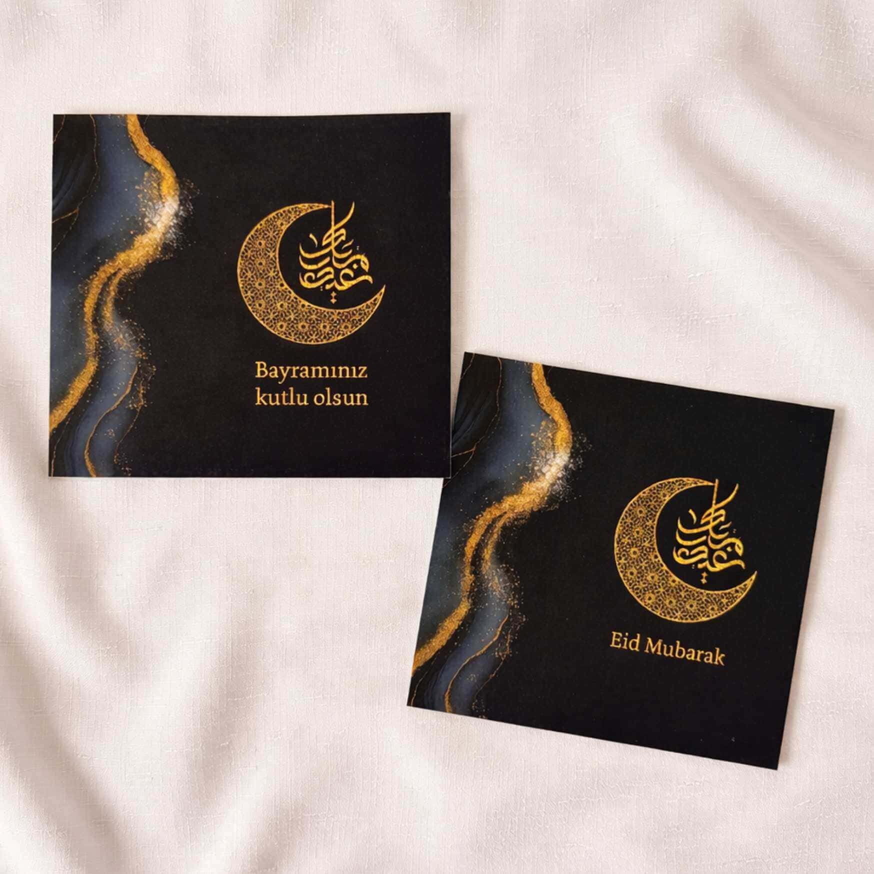 Dunkelblaue Grußkarten mit goldenem Design in Türkisch oder Arabisch