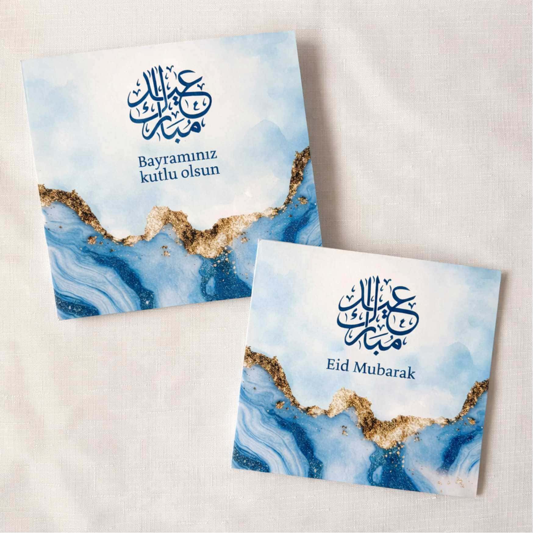 Hellblaue Grußkarten mit horizontalem Design in Türkisch oder Arabisch