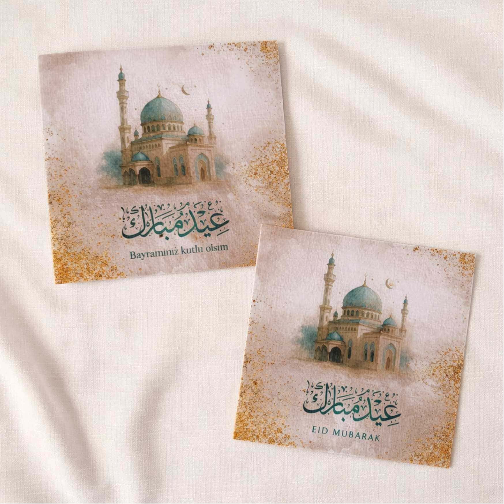 Arabische oder Türkische Grußkarte mit grüner Moschee, Halbmond und goldenen Akzenten