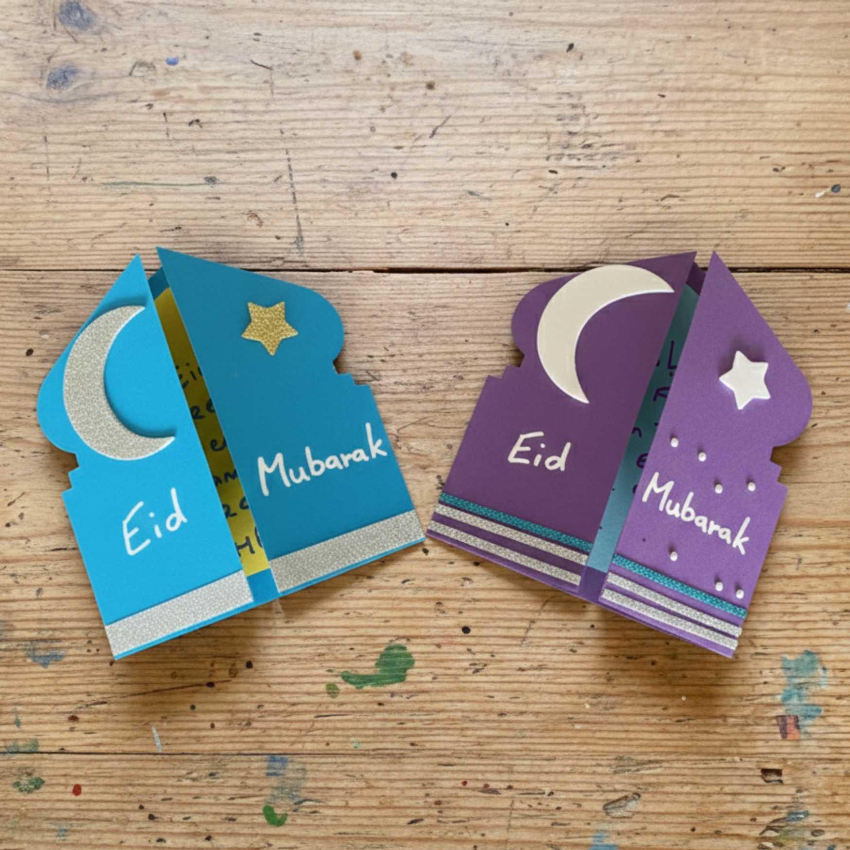 Bastelvorlage_Moschee_v1_geschlossen Moschee Bastelvorlage Eid Mubarak in den Farben Blau und Lila mit Mond und Sternen dekoriert