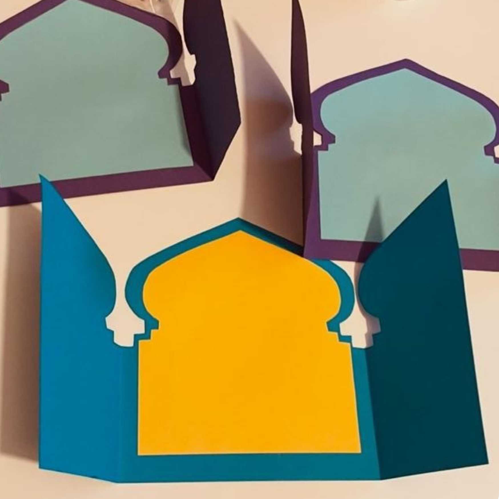 Moschee Bastelvorlage Islam in den Farben Blau, Gelb, Lila